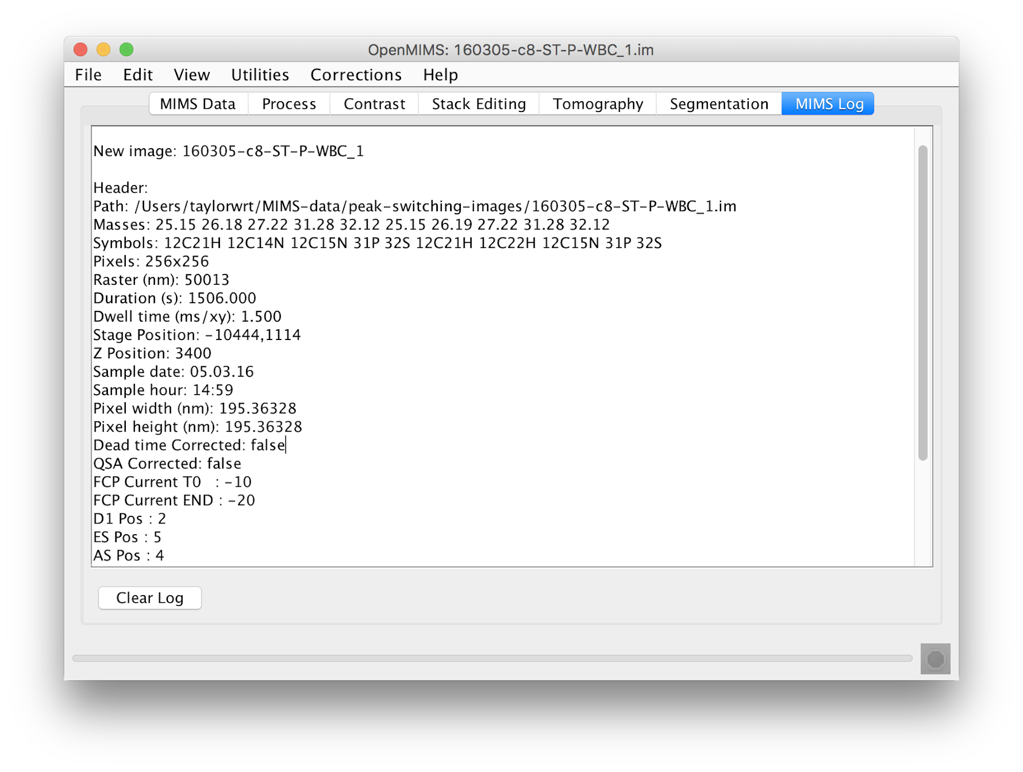 The MIMS Log tab contains metadata and debug information.