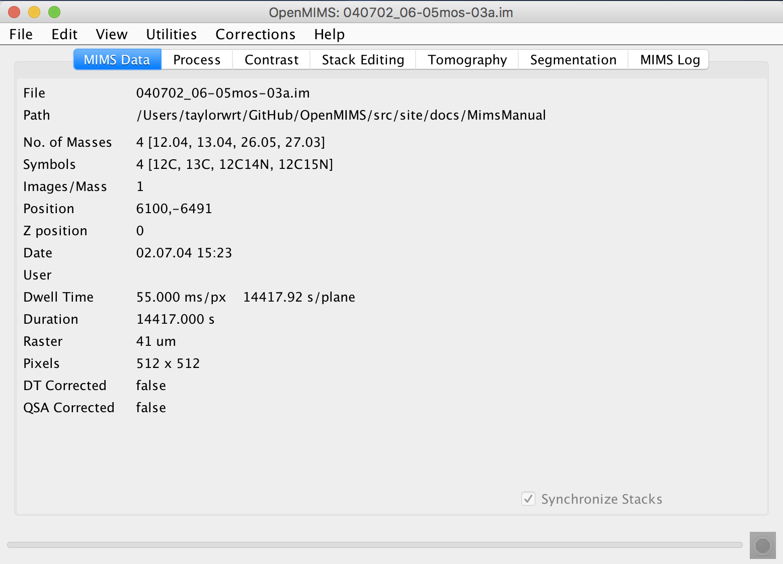 The MIMS Data tab displays file information and meta data.