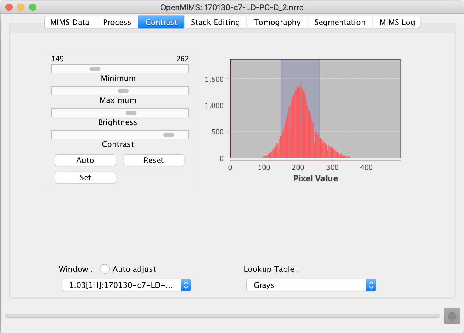 The Contrast tab controls and displays contrast settings for mass, ratio and sum images.