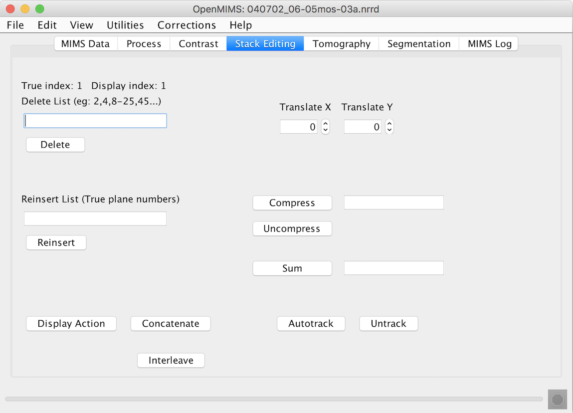 The Stack Editing tab is used for image manipulation.