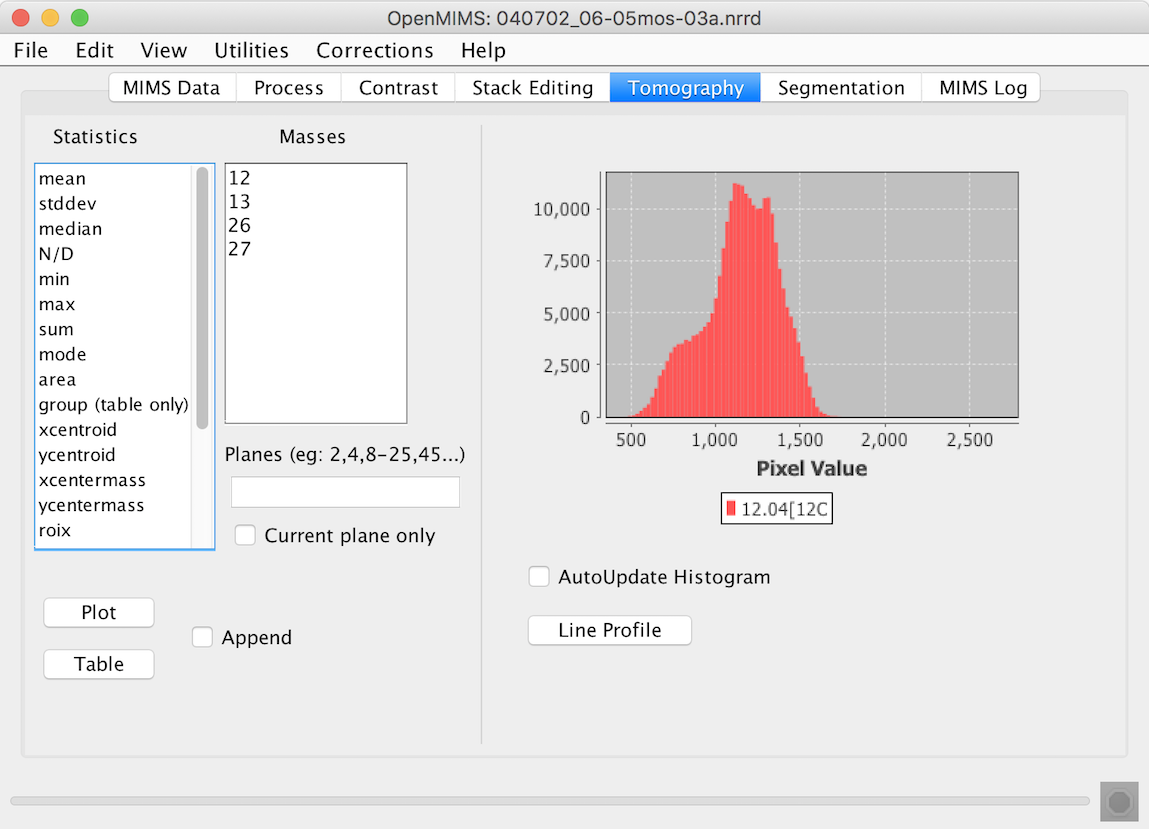 The Tomography tab is used to generate plots and tables of ROI statistics.