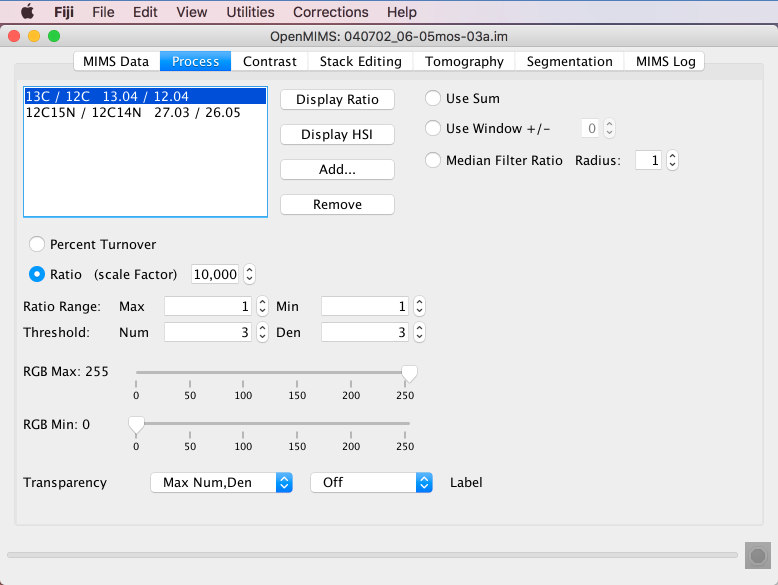 The Process tab is used to generate ratio and HSI images.