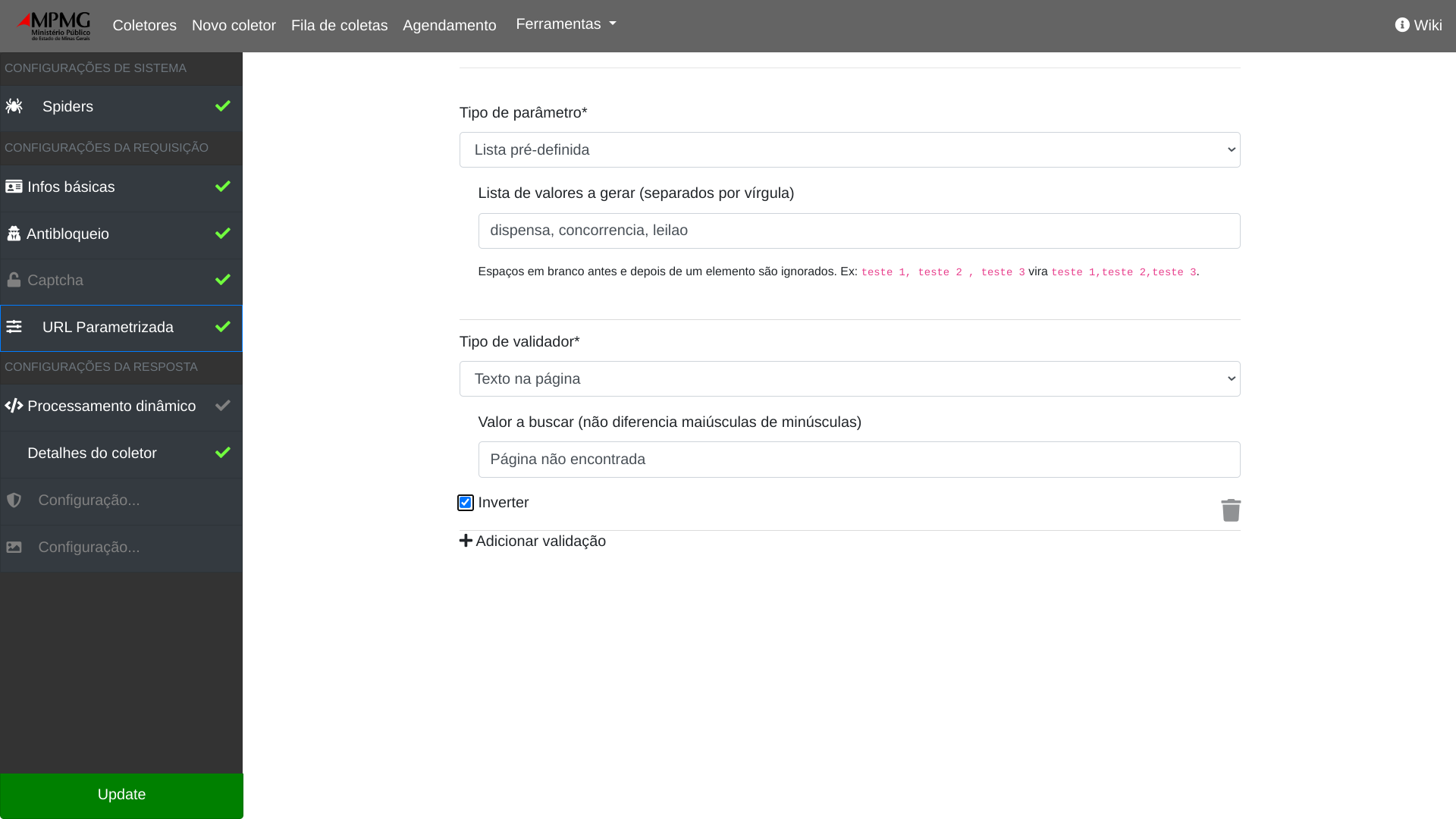 Configuração da validação por texto