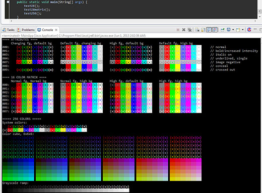 Output showing a matrix with many text attributes and colors