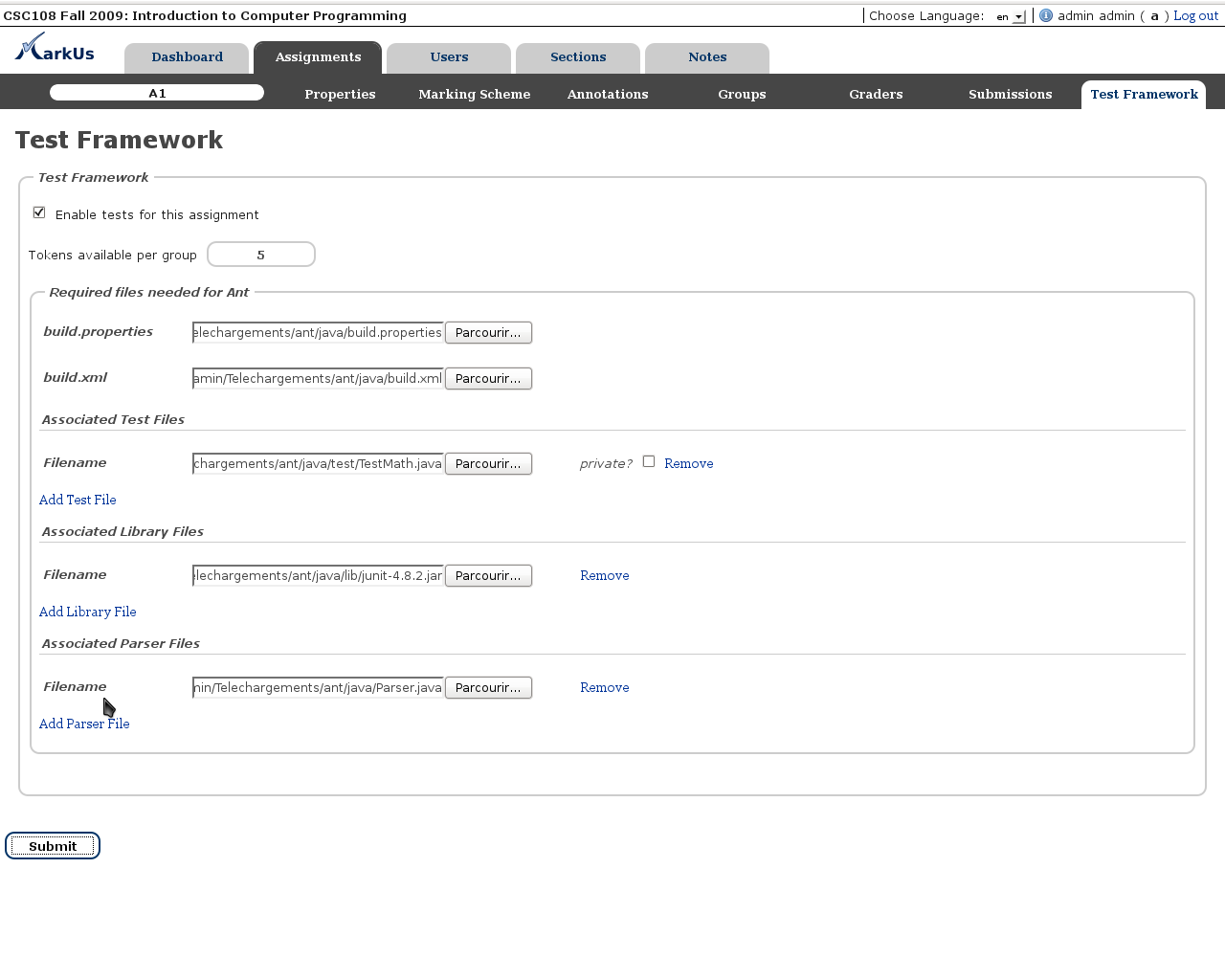 Test Framework configuration page once completed