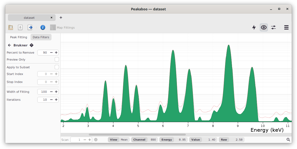 The Brukner background filter’s settings window with raw data outline in plot